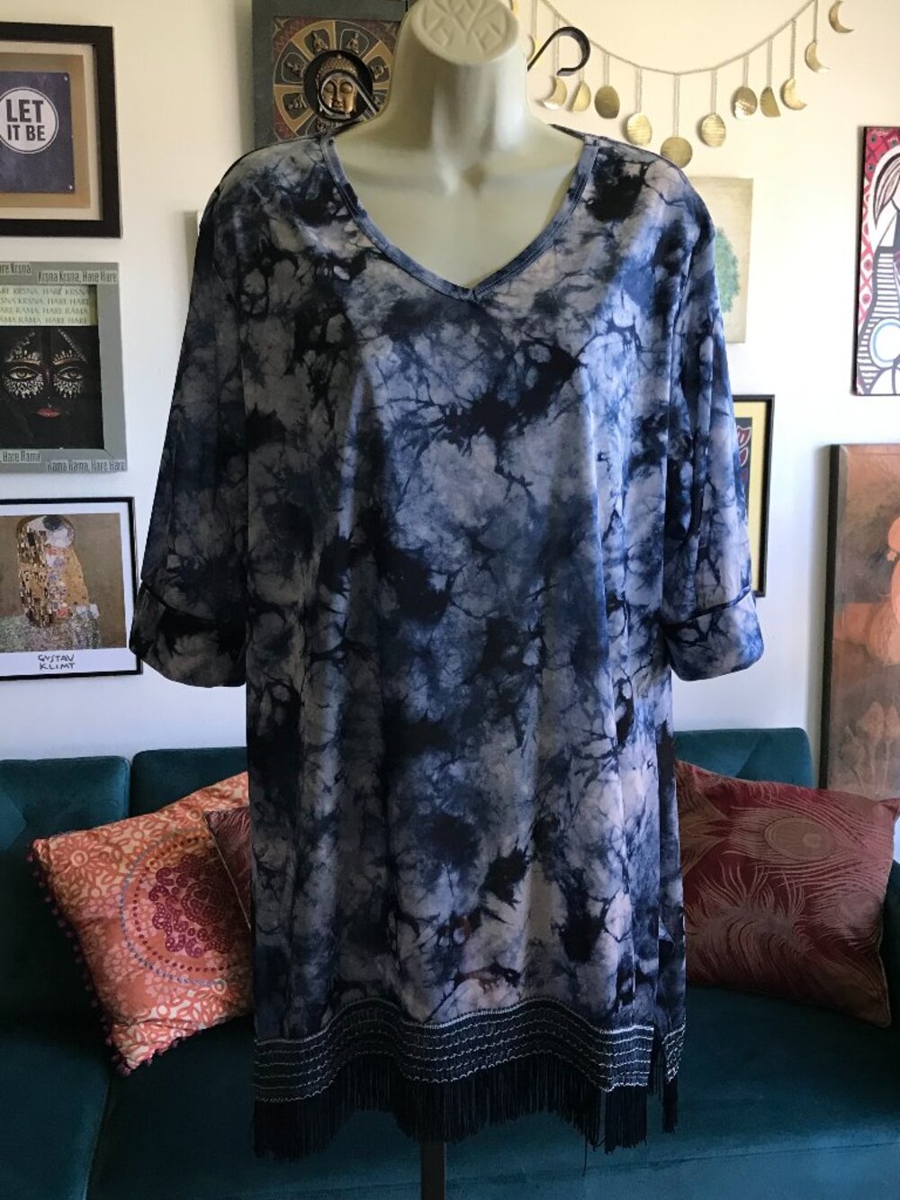 INDIGO SOUL size 3XL Indigo Shibori Cloud Tie Dye Artsy Boho Fringe Tunic Top